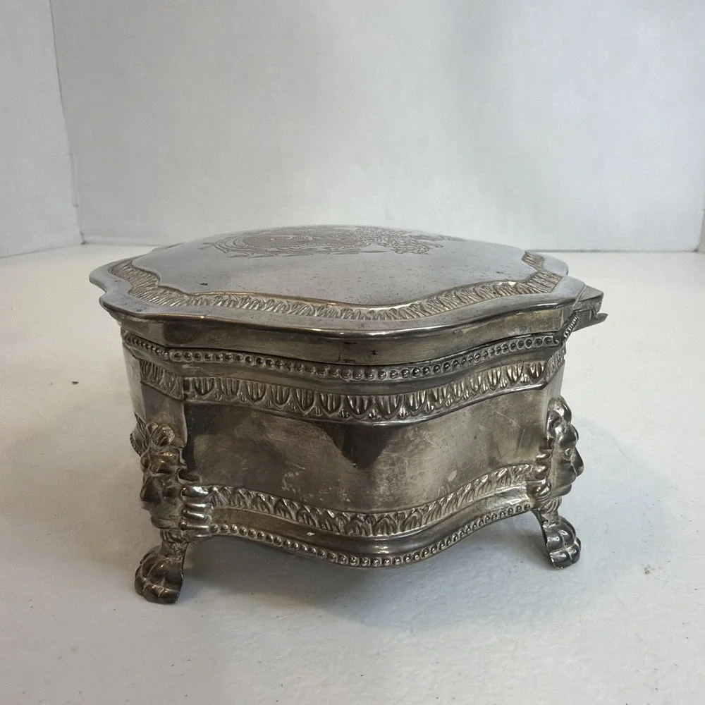 Vintage Silver Plated Jewelry Trinket Box Lion Feet British Royal Coat of Arms